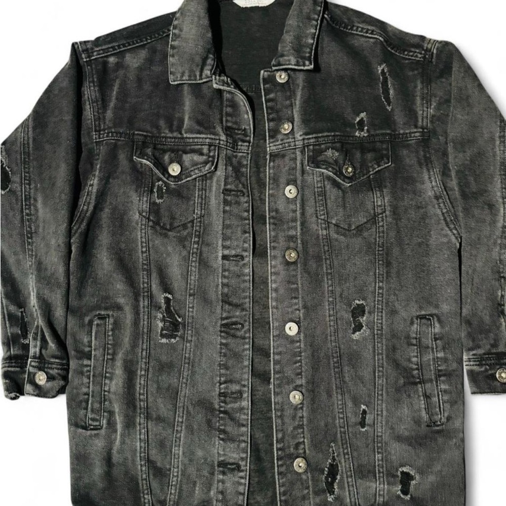 Acid Washed Charcoal Distressed Denim Grunge Jacket - Picture 2 of 8